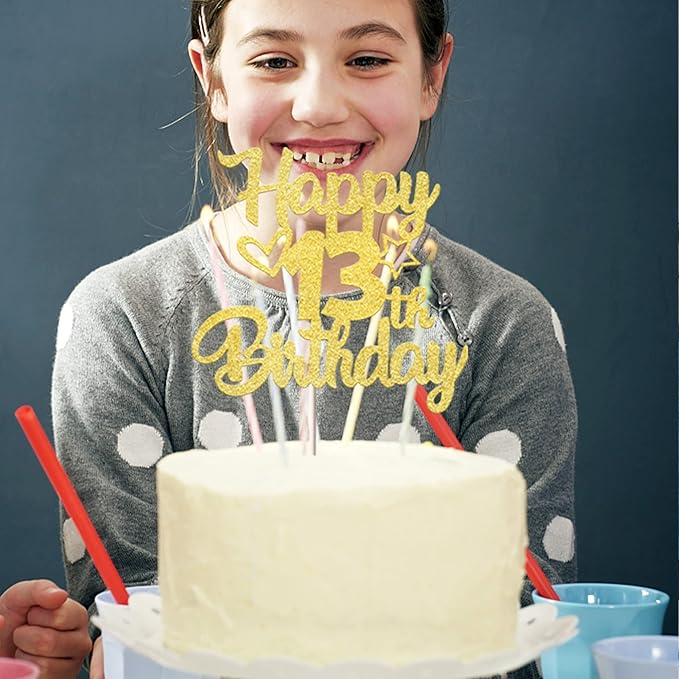 1 Pack Happy 13th Birthday Cake Topper Glitter Heart Star 13 Fabulous Cake Pick Birthday Sign Cake Decorations for 13th Birthday Theme Party Supplies Gold