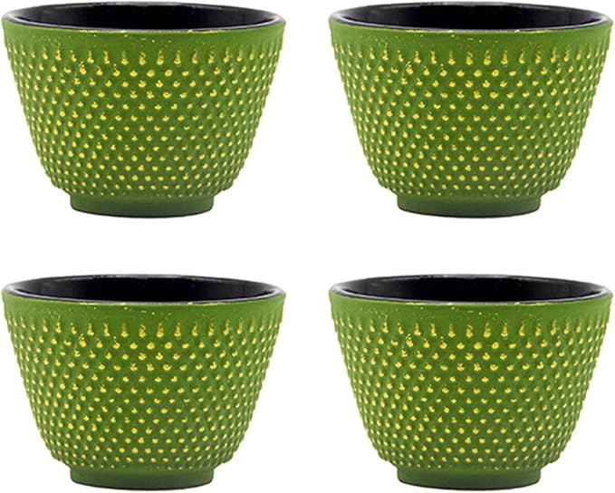 Japanese Cast Iron Tea Cups, Small and Heavy Teacups with no Handles, Japanese Style Cup for Adults, Asian Teacups, Coated with Enameled Interior, 4 Pcs/Box (Green, 2oz/60ml)