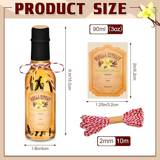 Tioncy 16 Pcs Vanilla Extract Bottles for Homemade Vanilla Jar Glass Bottle with Cap, Shrink Band, Sticker Syrup Gift Food Storage Canister for Bean Sauce Spice(Black,3 oz)