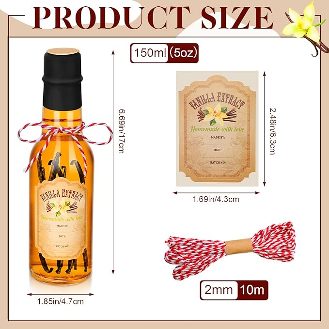 Tioncy 16 Pcs Vanilla Extract Bottles for Homemade Vanilla Jar Glass Bottle with Cap, Shrink Band, Sticker Syrup Gift Food Storage Canister for Bean Sauce Spice(Black,5 oz)