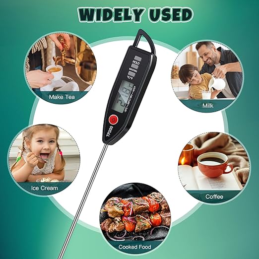 12 Set Waterproof Food Thermometer for Water, Liquid, Candle and Cooking Digital Meat Thermometer with Long Probe Instant Read for Kitchen BBQ Grill Candy (Black)