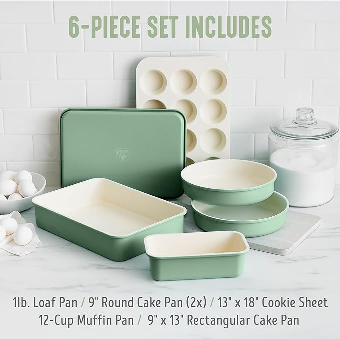 GreenLife 6 Piece Nonstick Bakeware Set, Non-Toxic PFAS-Free Ceramic Oven Pans, Dishwasher & Oven Safe to 450°F, Easy Release Baking Sheet, Loaf Pan, Rectangle & Round Cake, Muffin Pan, Sage