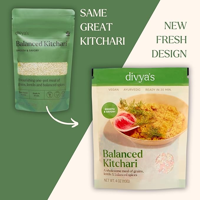 Divya's Balanced Kitchari One Pot Ayurvedic Meal with Organic Basmati Rice, Yellow Mung Dal, Red Lentils & Indian Spices - Vegan, Gluten-Free, Non-GMO Kitchari Spice Mix Organic Single Serving 3 Pack