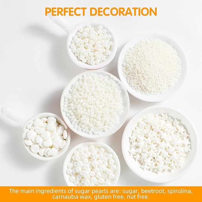 Kasvan White Pearl Sugar Sprinkles, 6 Sizes Mix for Cake Decorating, 230g/8.1oz, Ice Cream Toppings and Cookie Decorating, Wedding Party Chirstmas Supplies (White)