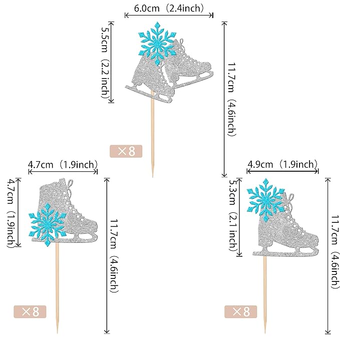 24 PCS Ice Skating Cupcake Toppers Glitter Ice Sports Snowflake Cupcake Picks for Skating Theme Baby Shower Kids Birthday Party Cake Decorations Supplies Silver Blue