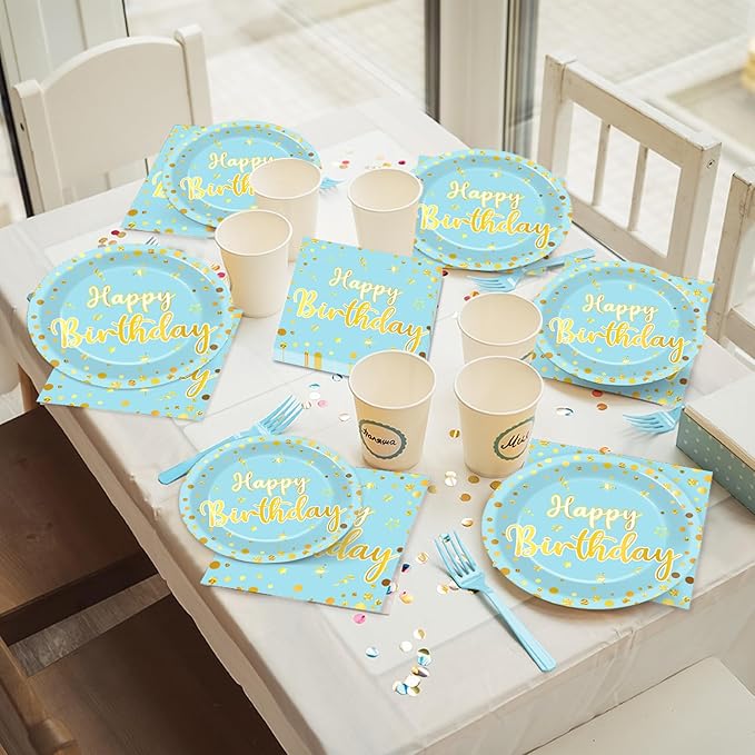 96PCS Blue Birthday Plates and Napkins Birthday Party Decorations Light Blue and Gold Dessert Plates Tableware for 24 Guests Kids Party Supplies