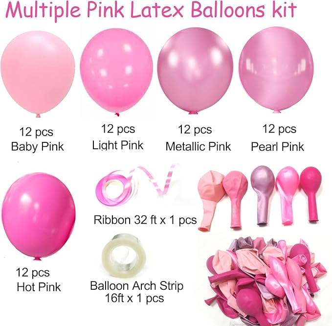 Pink Balloons Metallic Pink Balloon, 60Pcs 12Inch Chrome Deep Light Pearl Hot Pink Latex Balloons for Birthday Wedding Baby Shower Party Decoration