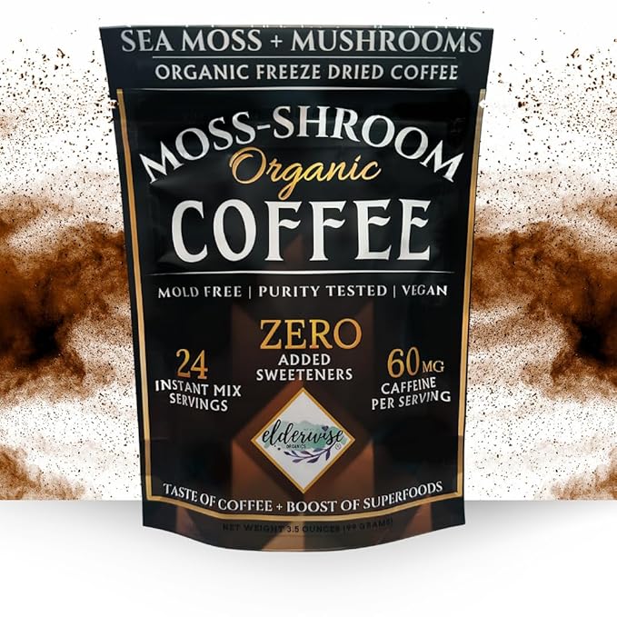 Elderwise Organics Coffee with Mushrooms & Sea Moss - Lion's Mane, Chaga, Reishi & Cordyceps - 24 Servings - Healthy Coffee - Freeze Dried Instant - Chemical free - Fair Trade