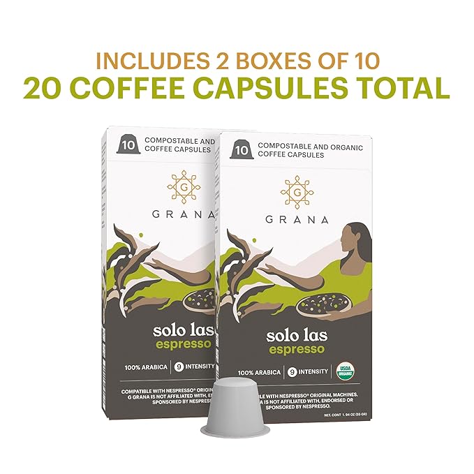 G GRANA Coffee Pods, Compatible with Nespresso OriginalLine, 20 Pack, Medium Roast, USDA Organic 100% Arabica Single Source Specialty Coffee, Compostable Single Serve Capsules, Solo Las