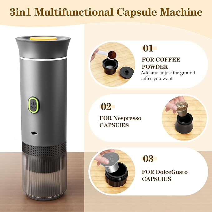 3-in-1 Portable Espresso Maker, Travel Coffee Maker, Self-Heating Car Coffee Maker with USB-C, Small Espresso Machine with Ground Coffee & Capsules (NS竊낪G) for RV, Hiking, Office (grey)