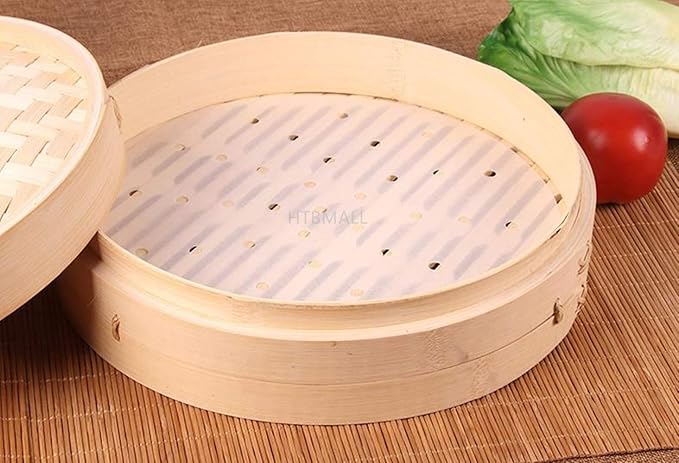 200pcs Air Fryer Liners, 8 inches Bamboo Steamer Liners, Premium Perforated Parchment Steaming Papers, Non-stick Steamer Mat Liner for Air Fryers Baking Cooking Oven