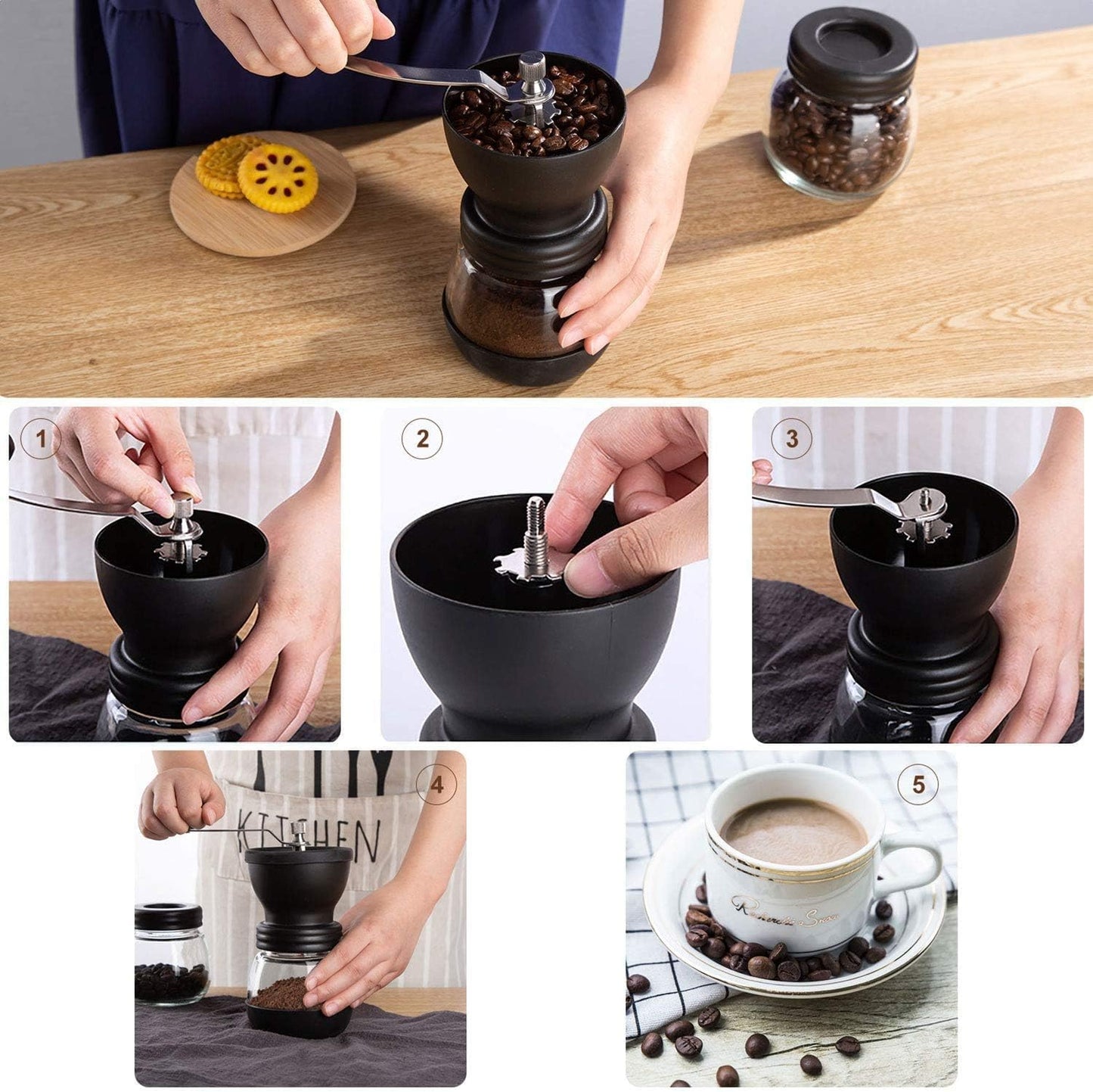 PARACITY Manual Coffee Grinder, Ceramic Burr, 2 Glass Jars, 11oz per Jar