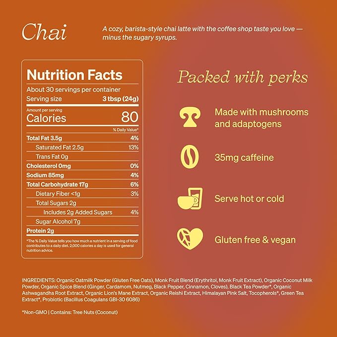 Clevr Blends Chai Tea Latte, Instant Superfood Powder Blend with Oat Milk, Lions Mane, Reishi Mushroom, Black Tea, Organic Spices, Coconut Cream, Ashwagandha, Oprah???Favorite Things 2022, (30 Lattes)