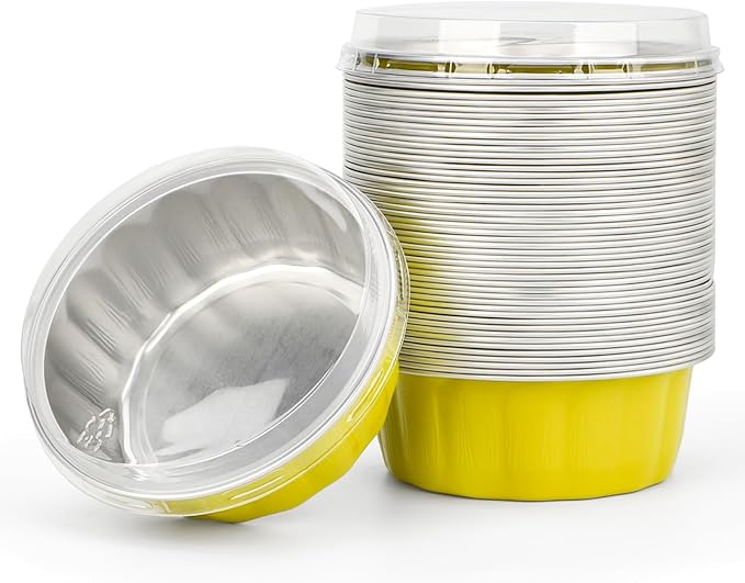 Beasea Aluminum Cups for Baking, 8oz 50 Pack Disposable Ramekins with Lids, Lemon Yellow Aluminum Foil Cups Creme Brulee Muffin Cupcake Baking Cup Mini Pudding Cups for Party Wedding Birthday