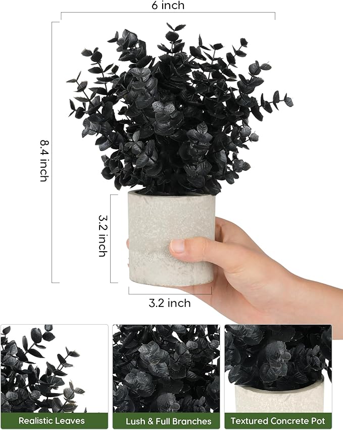 Velener 2 PCS Small Fake Eucalyptus Plant Artificial Potted Plants Indoor for Halloween Decorations Realistic Faux Plant for Office, Bathroom, Living Room, Desk, Shelf, Home Decor (Black)
