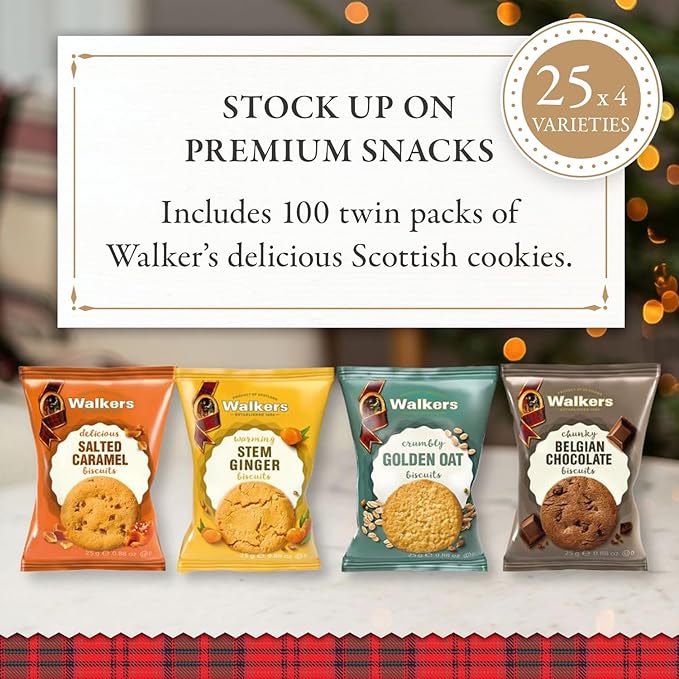 Walker’s Assorted Scottish Cookie Variety Pack - 100 Snack Packs (2 Cookies Each) - Includes Belgian Chocolate, Stem Ginger, Salted Caramel & Golden Oat Cookies