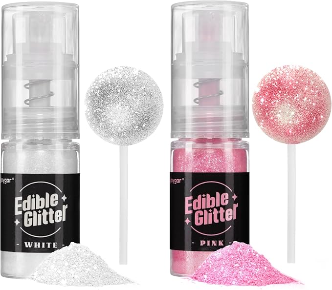 Sujoygar Edible Glitter Spray 2 Colors, White and Pink Edible Glitter for Cocktails, Shimmer Powder Luster Dust Edible for Cake Drink Strawberrie Cupcake Cookies Wedding Baking Decoretion, Vegan(5g/Bottle)