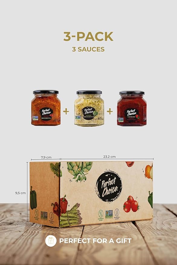 Perfect Choice Variety Pack - Delicious Artichoke Bruschetta, Sun-Dried Tomato Bruschetta & Caramelized Piquillo and Jalapeno peppers - Ready-to-eat - Ideal for Burgers And Sandwiches - Pack of 3