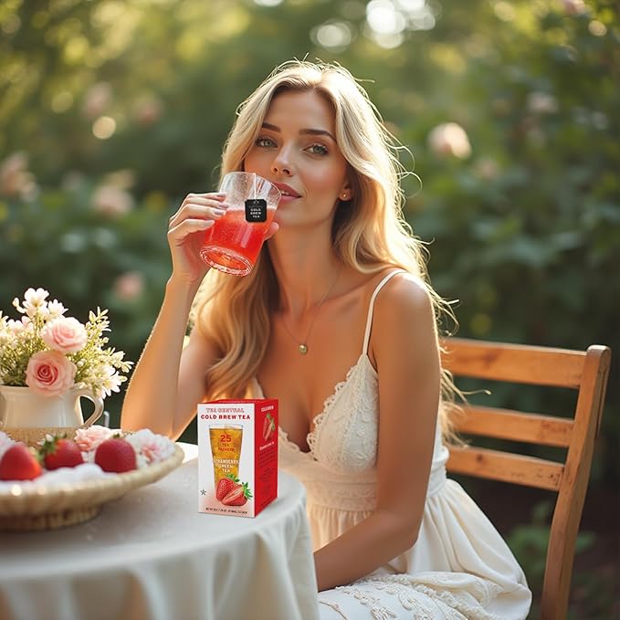 Life Plus Style Gourmet TEA CENTRAL Strawberry Iced Tea with Organic Ceylon Green Tea Natural Refreshing Cold Brew Everyday Wellness Sweet Strawberry Iced Drink 25 Tea Bags