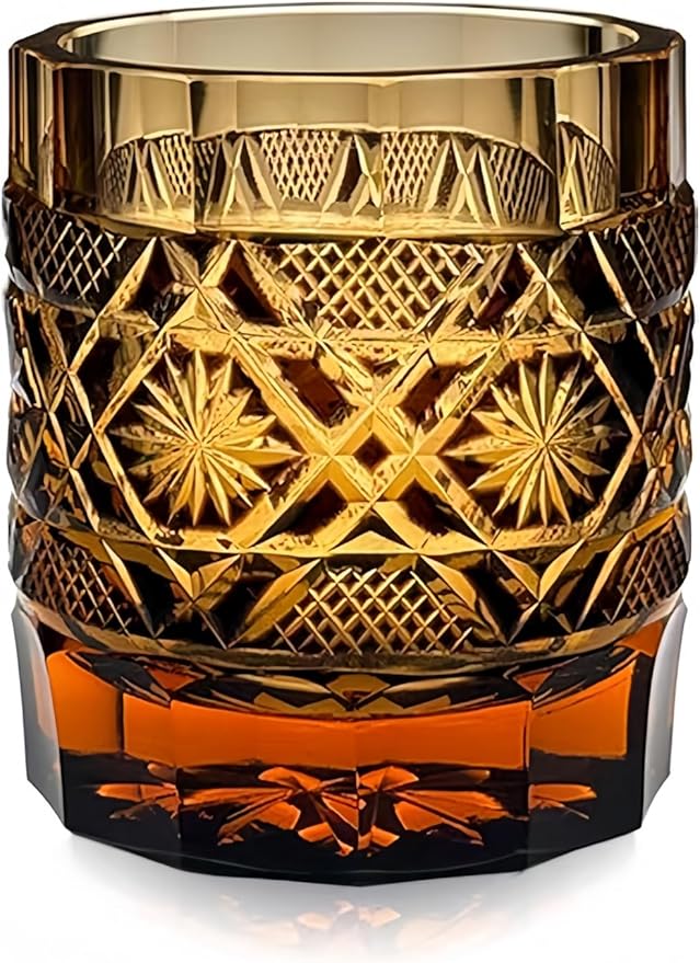 suigetsu Japanese Crystal Whiskey Glass, Cut Crystal Pattern, Luxury Cocktail Glassware (Red Gold Amber)