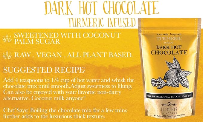 Elements Truffles Turmeric Dark Hot Chocolate - Heavy Metal Tested - All-Natural, Handmade Dark Chocolate Mix - Uses Ecuadorian, Fair Trade, Organic Cacao Powder - Vegan Cocoa Mix - 16 oz