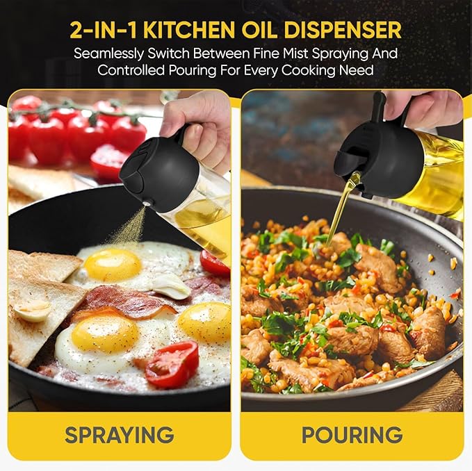 2-in-1 Olive Oil Dispenser Bottle, Spray and Pour, Multi-Use Kitchen Gadget, Food-Grade, Salad Dressing, Air Fryer, Healthy, BBQ, Barbecue (Black)