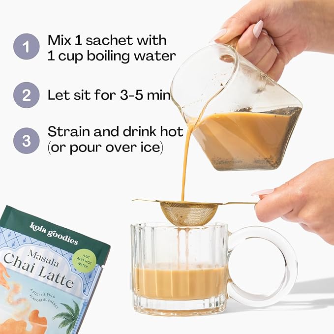 Kola Goodies Masala Chai Lazy Girl Tea Latte Powder – Indian Chai Mix with Ceylon Black Tea, Cardamom, Ginger, Cinnamon – Instant Spiced Chai Drink – 10 Sachets – Milk Tea Latte