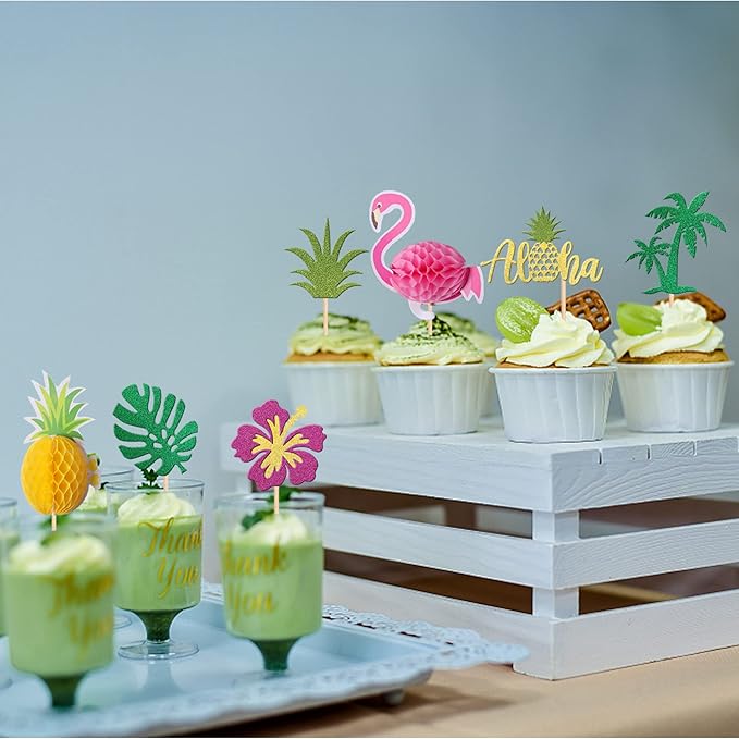 28 PCS Tropical Cupcake Toppers Glitter Leaf Pineapple Flower Palm Tree Flamingo Cupcake Picks Aloha Cake Decorations for Summer Hawaiian Luau Theme Baby Shower Birthday Wedding Party Supplies
