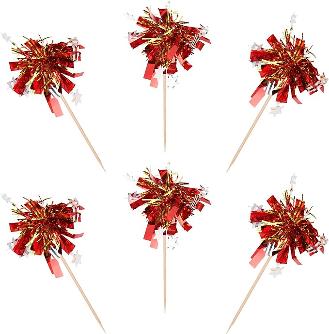 Rsstarxi 30 Pack Foil Firework Cupcake Toppers Red Sparkle Tinsel Drink Cake Decorations Cocktail Food Toothpicks for Happy Valentine's Day Birthday Wedding Graduation Party Decorations Red Silver