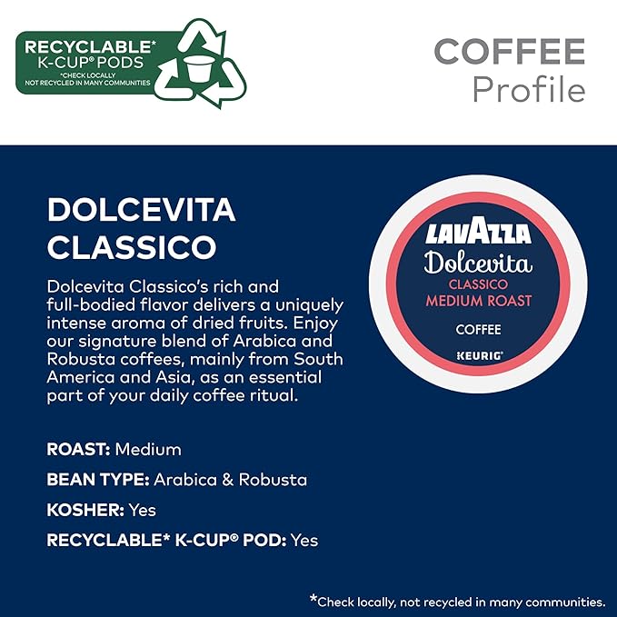 Lavazza Dolcevita Classico, Single-Serve Keurig K-Cup Pods, Medium Roast Coffee, 60-Count Box (6 Packs of 10)