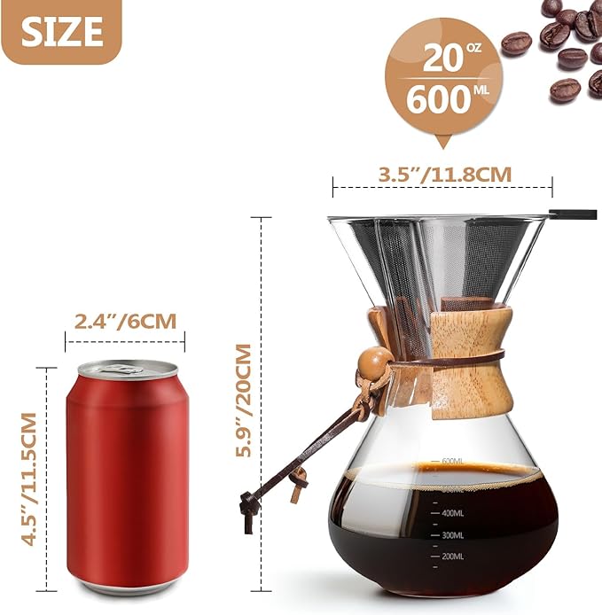 Pour Over Coffee Maker 20 OZ, 6 Cup Borosilicate Glass Drip Coffee Maker with Reusable Stainless Steel Filter and Cork Grip for Home Caf챕 600 ML
