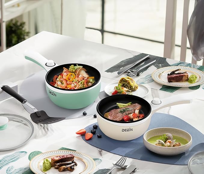 Dezin Hot Pot Electric Upgraded, Non-Stick Saut챕 Pan, Rapid Noodles Electric Pot, 1.5L Mini Portable Hot Pot for Steak, Egg, Fried Rice, Ramen, Oatmeal, Soup with Power Adjustment