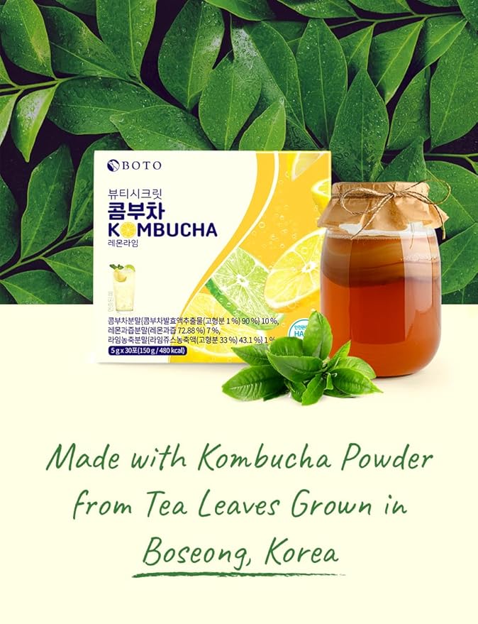 Korean Kombucha Lemon Lime Powder – 5g x 30 Sticks | Zero Sugar, Low Calorie, Sparkling Tea, Lemon & Lime Flavor