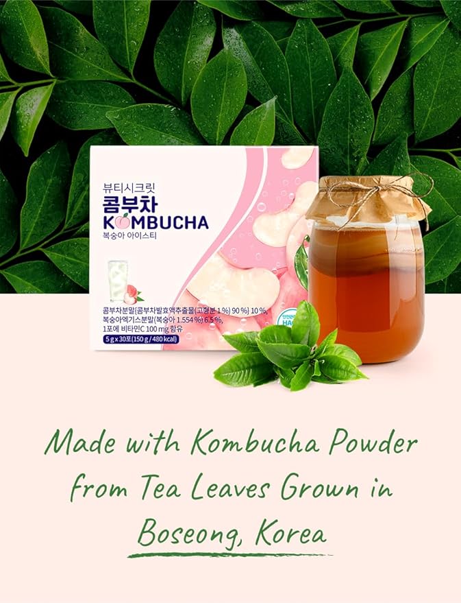 Korean Kombucha Peach Iced Tea Powder – 5g x 30 Sticks | Zero Sugar, Low Calorie, Sparkling Black Tea & Peach Flavor