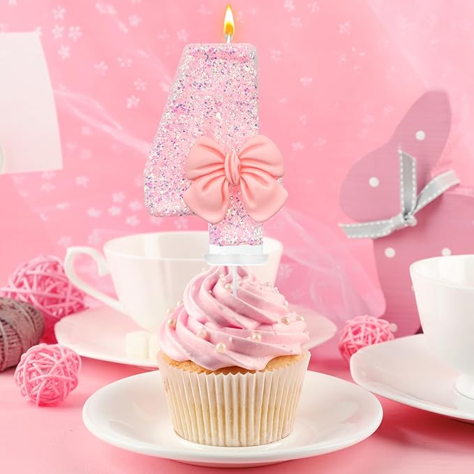 Birthday Cake Candles, Pink Glitter with Bow Cake Candles, Birthday Party Cake Toppers, Cute Birthday Candle Decorations (4)