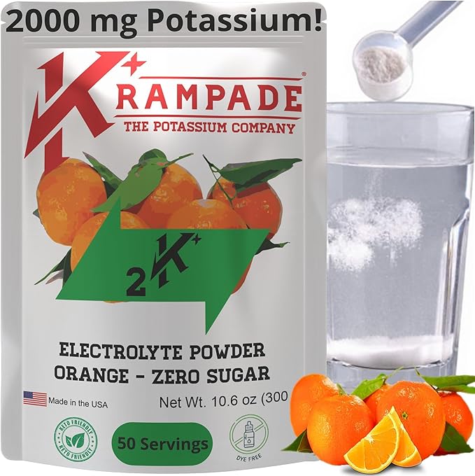 Electrolytes Powder Potassium Powder Supplement - 2000 mg Potassium | Keto Friendly | Cramp Relief and Prevention | Hydration | Zero Sugar Orange
