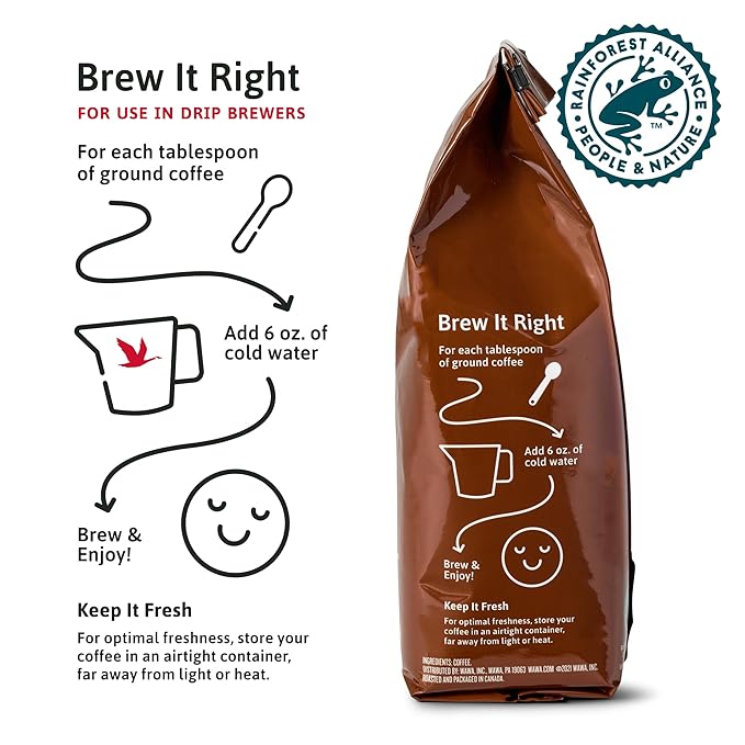 Wawa Ground Coffee Dark Roast, 12 oz Bag, Full Bodied Blend For Hot or Iced Coffee, Sweet, Spicy & Smoky Notes, Bold & Complex, 100% More Responsibly Sourced from Rainforest Alliance Certified Farms