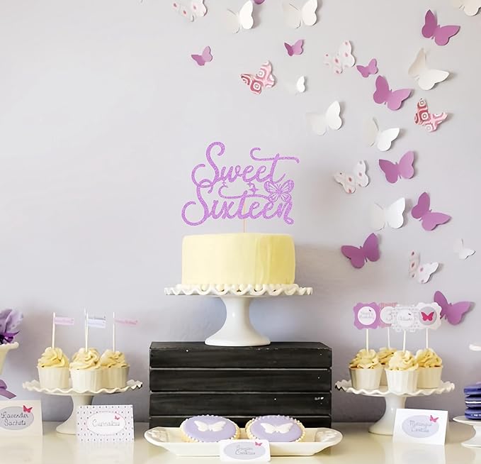 Sweet Sixteen Cake Topper - Purple Glitter Butterfly Theme Sweet 16 Birthday Cake Decorating Supplies for Girls, Sweet 16 Cake Topper for Happy 16th Birthday Anniversary Party Photo Booth Props