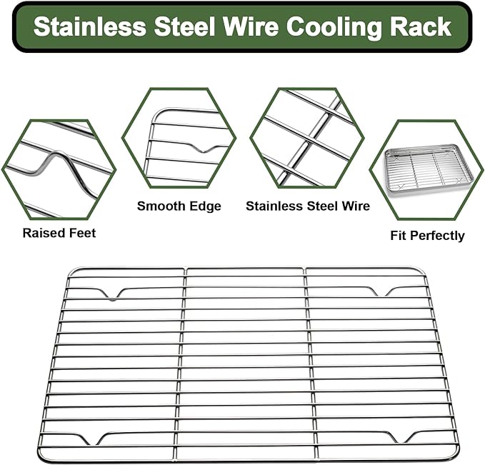 Baking Sheet Tray Cooling Rack with Silicone Mat Set, Stainless Steel Cookie Pan For Oven, Set of 9 (3 Sheets + 3 Racks Mats), Warp Resistant & Heavy Duty Easy Clean, Grey