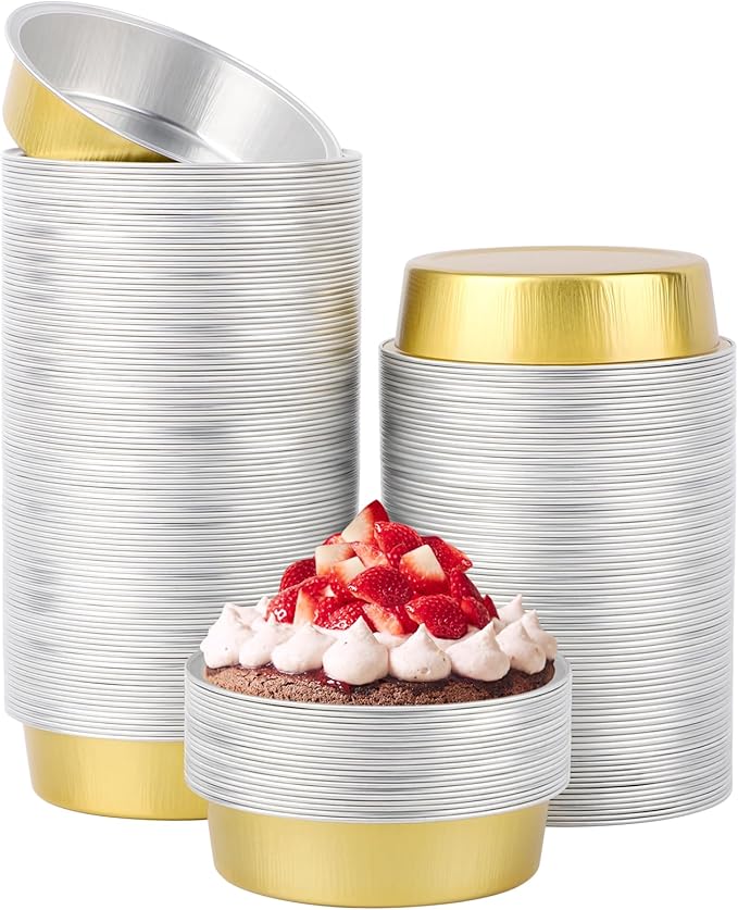 Beasea Aluminum Ramekins 200 Pack, 7.3oz 215ml Disposable Ramekins Foil Cups No Lids 4" Baking Ramekin Cupcake Aluminum Mini Baking Cups for Party - Golden