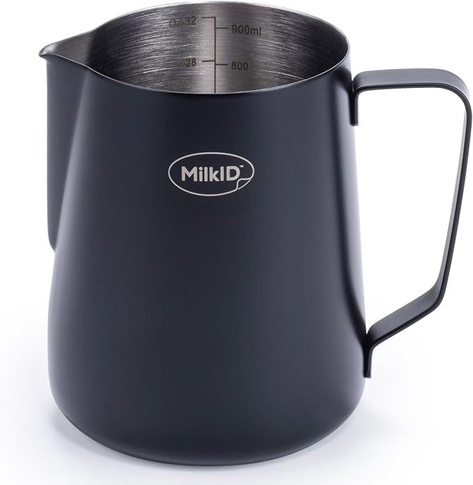 Stainless Steel Milk Frothing Pitcher | Compatible with MilkID Labeling System | Espresso Accessories Kit | Barista Tools | Latte Art Pitcher (32oz / Black Pitcher)