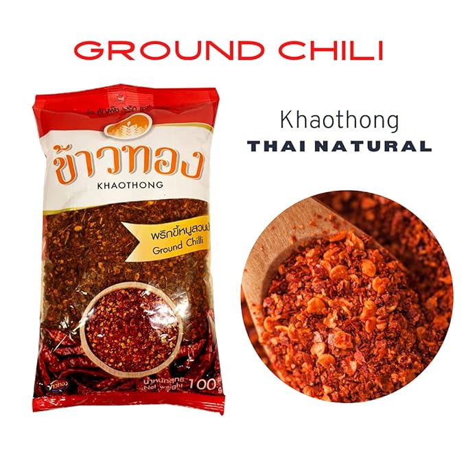 Khaothong Thai Ground Chili Pepper, Crushed Thai chili peppers, Ground red chili, Hot chili flakes, 100g (3.52 oz) Dried crushed chili seasonings