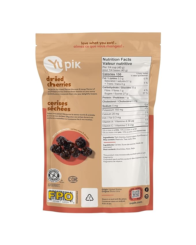 Yupik Dried Cherries, 6.5 Oz, Gluten-Free, Kosher, Dried Fruits, Tart & Sweet Whole Cherries, Pitted, Healthy Snacks, Source of Vitamin A and Vitamin C