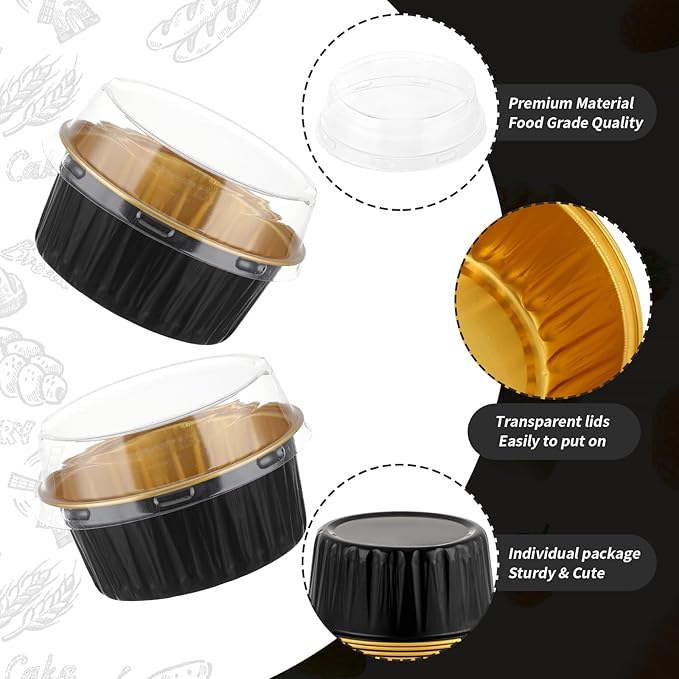 200Pack Mini Cake Pans with Lids Baking Cups with Spoons (Black&Gold)