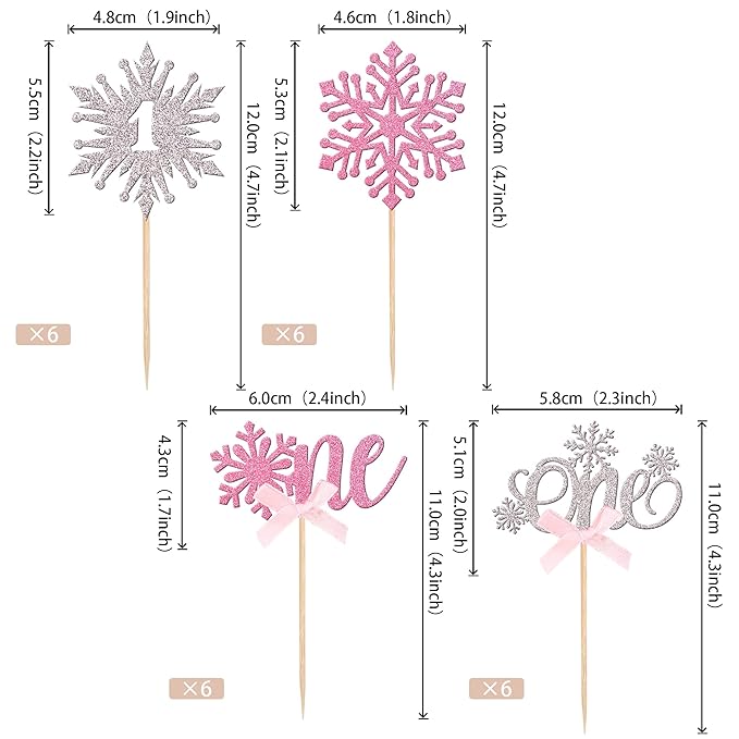 24 PCS Snowflake 1st Birthday Cupcake Toppers Glitter Bow First Birthday Snowflake One Cupcake Picks for Winter Onederland Theme Baby Shower 1st Birthday Party Cake Decorations Supplies Silver Pink
