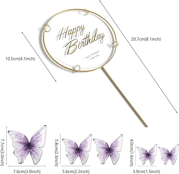 11-Piece Purple Butterfly Cake Toppers Set: Happy Birthday Metal Gold Cake Topper & Decorations