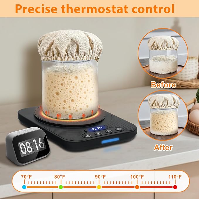 Sourdough Starter Warmer – Precise Thermostat (70-110°F), Intelligent Memory & 24H Timer Function for Home Baking & Fermented Dough (Black)