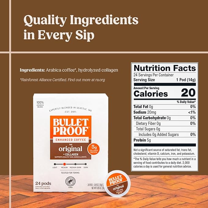 Bulletproof Coffee + Collagen Single-Serve Coffee Pods, 24 Count, Clean Coffee Tested for Toxins, Packaging May Vary