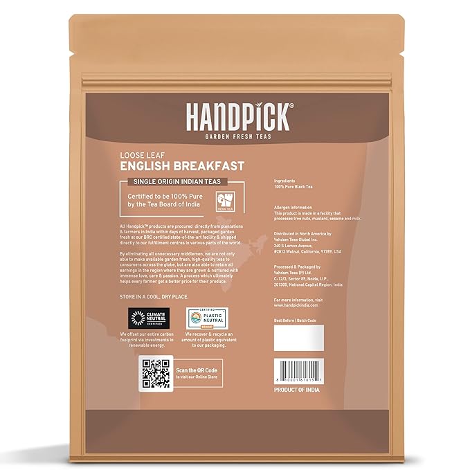 HANDPICK, English Breakfast Tea Loose Leaf (340g/12oz) Strong, Robust, High Caffeine Black Tea Loose Leaf | Non-GMO | Resealable, Ziplock Pouch | Brew Hot, Iced or Kombucha tea | Assam Black Tea