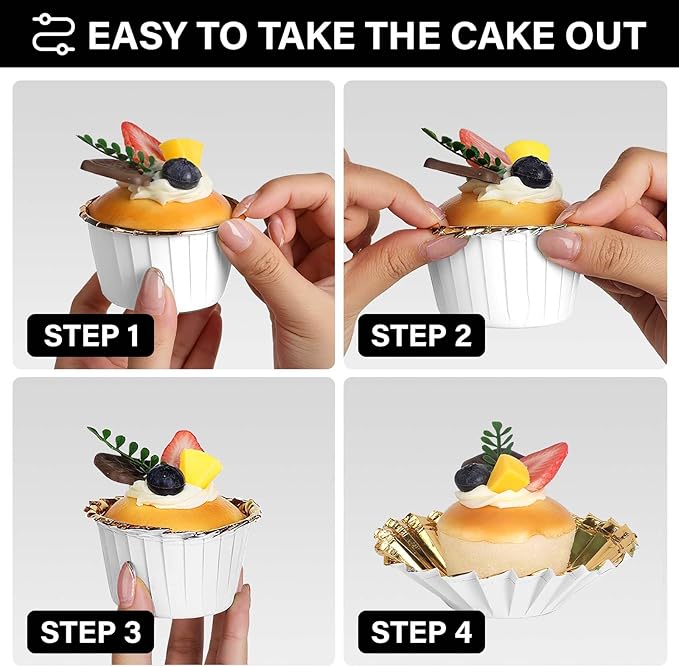 EUSOAR Cupcake Cups, 200pcs 3.5oz Mini Cheesecakes Holders Disposable Ramekins, Muffin Cupcake Liners Aluminum Foil Wrappers Paper Liner Cups for Birthday Wedding Party Festival-White/Gold